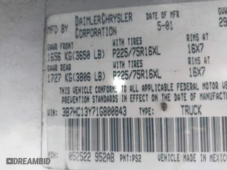 2001 Dodge Ram 1500 with VIN 3B7HC13Y71G800843, listed as a IAAI auction lot 41555707 with 1 mi miles. Bid and sale history available at carsss.com. Image 9.