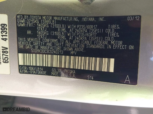2012 Toyota Sienna XLE AAS with VIN 5TDYK3DC3CS240213, listed as a IAAI auction lot 41522822 with 147,903 mi miles. Bid and sale history available at carsss.com. Image 9.