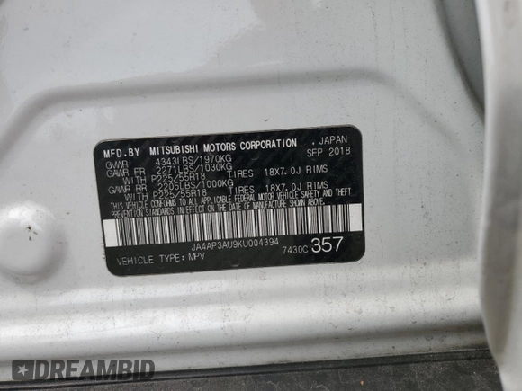2019 Mitsubishi Outlander ES z VIN JA4AP3AU9KU004394, wystawiony jako Copart lot #58581695 z przebiegiem 52 561 mil mil oraz Czysty tytuł • Clean title. Historia ofert i sprzedaży dostępna na DreamBid. Obrazek 13.