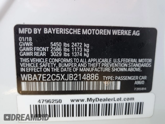 2018 BMW 7 Series 740i with VIN WBA7E2C5XJB214886, listed as a Copart auction lot 57833143 with 39,975 mi miles. Bid and sale history available at carsss.com. Image 12.