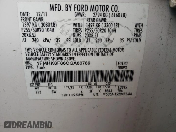 2012 Ford Explorer Limited с VIN 1FMHK8F86CGA80789, выставлен на аукционе Copart как лот 61565384 с пробегом Не указан миль и Чистый • Clean title. История ставок и продаж доступна на DreamBid. Изображение 13.