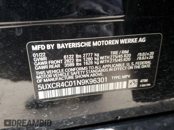 2022 BMW X5 sDrive40i with VIN 5UXCR4C01N9K96301, listed as a Copart auction lot 87514625 with 0 mi miles and Salvage Title. Bid and sale history available at carsss.com. Image 13.