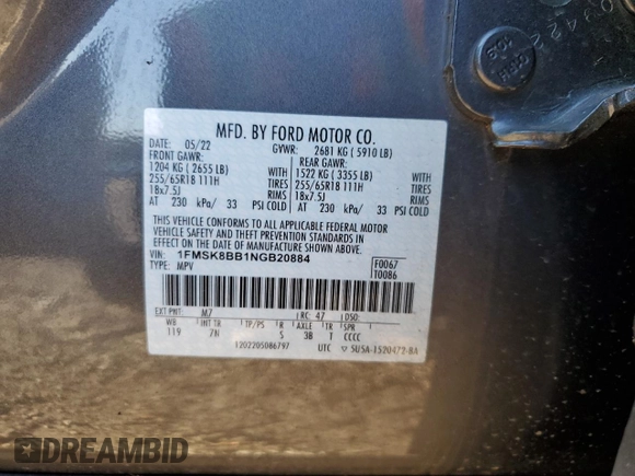 2022 Ford Explorer with VIN 1FMSK8BB1NGB20884, listed as a Copart auction lot 85705254 with 14,807 mi miles and Salvage Title. Bid and sale history available at carsss.com. Image 13.