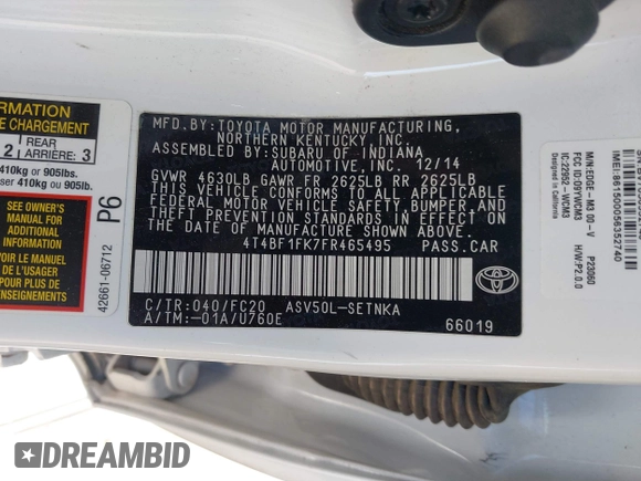 2015 Toyota Camry XLE with VIN 4T4BF1FK7FR465495, listed as a IAAI auction lot 41684622 with 126,543 mi miles and . Bid and sale history available at carsss.com. Image 8.
