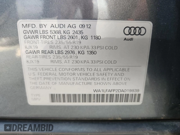 2013 Audi Q5 Premium Plus with VIN WA1LFAFP2DA019939, listed as a Copart auction lot 60431445 with 159,641 mi miles and Salvage title. Bid and sale history available at DreamBid. Image 12.