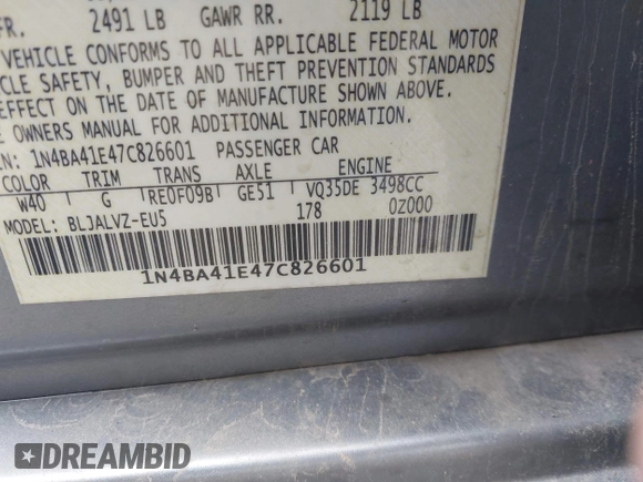 2007 Nissan Maxima SL with VIN 1N4BA41E47C826601, listed as a IAAI auction lot 42299389 with 182,294 mi miles and . Bid and sale history available at DreamBid. Image 9.
