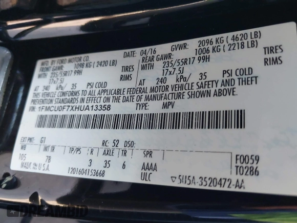 2017 Ford Escape S с VIN 1FMCU0F7XHUA13358, выставлен на аукционе IAAI как лот 42409601 с пробегом 127 324 миль миль и . История ставок и продаж доступна на DreamBid. Изображение 9.
