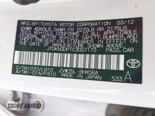 2012 Toyota Prius with VIN JTDKN3DP1C3007173, listed as a IAAI auction lot 42164386 with 220,026 mi miles and . Bid and sale history available at DreamBid. Image 9.