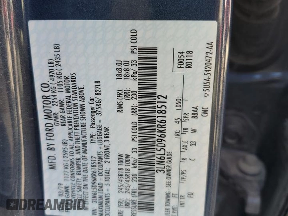 2019 Lincoln MKZ Reserve I with VIN 3LN6L5D96KR618512, listed as a Copart auction lot 62290405 with 55,686 mi miles and Salvage title. Bid and sale history available at DreamBid. Image 12.