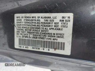 2016 Honda Odyssey EX-L with VIN 5FNRL5H69GB129807, listed as a IAAI auction lot 41973832 with 181,686 mi miles. Bid and sale history available at carsss.com. Image 9.