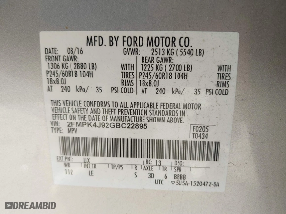 2016 Ford Edge SEL with VIN 2FMPK4J92GBC22895, listed as a IAAI auction lot 40855729 with 85,422 mi miles. Bid and sale history available at carsss.com. Image 9.