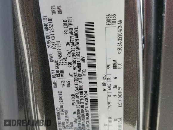 2015 Ford Escape Titanium with VIN 1FMCU9J93FUA28794, listed as a Copart auction lot 50655305 with 112,105 mi miles and Salvage title. Bid and sale history available at DreamBid. Image 14.