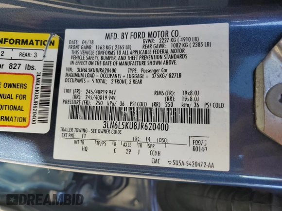 2018 Lincoln MKZ Hybrid Premiere with VIN 3LN6L5KU8JR620400, listed as a Copart auction lot 53672695 with 102,300 mi miles and Clean title. Bid and sale history available at DreamBid. Image 12.