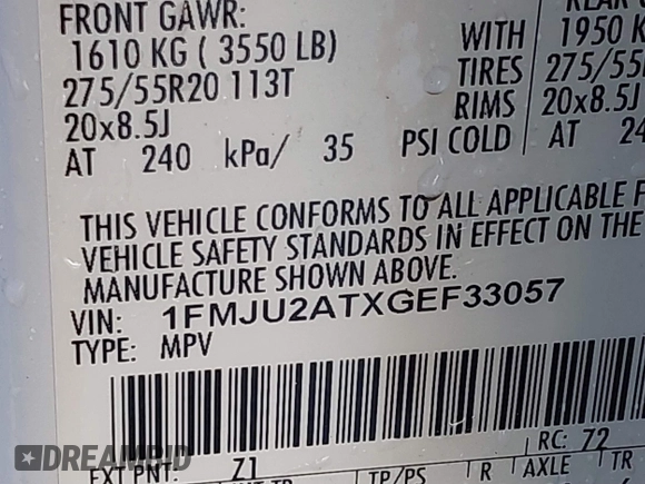 2016 Ford Expedition Limited with VIN 1FMJU2ATXGEF33057, listed as a IAAI auction lot 41103537 with 157,514 mi miles and . Bid and sale history available at DreamBid. Image 9.