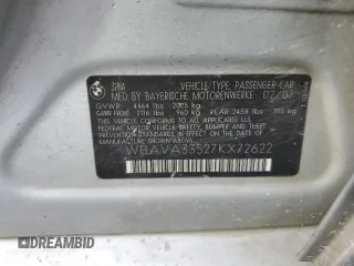 2007 BMW 3 Series 328i with VIN WBAVA33527KX72622, listed as a Copart auction lot 56198505 with 220,384 mi miles and Salvage title. Bid and sale history available at DreamBid. Image 12.