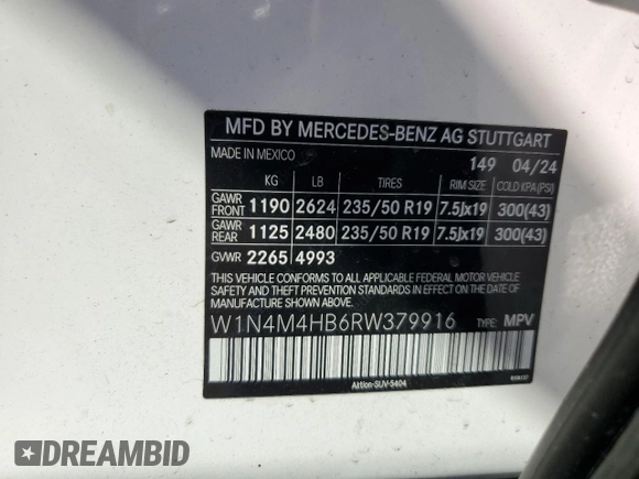 2024 Mercedes-Benz GLB 250 с VIN W1N4M4HB6RW379916, выставлен на аукционе Copart как лот 59392485 с пробегом 7 530 миль миль и Списание • Salvage title. История ставок и продаж доступна на DreamBid. Изображение 14.