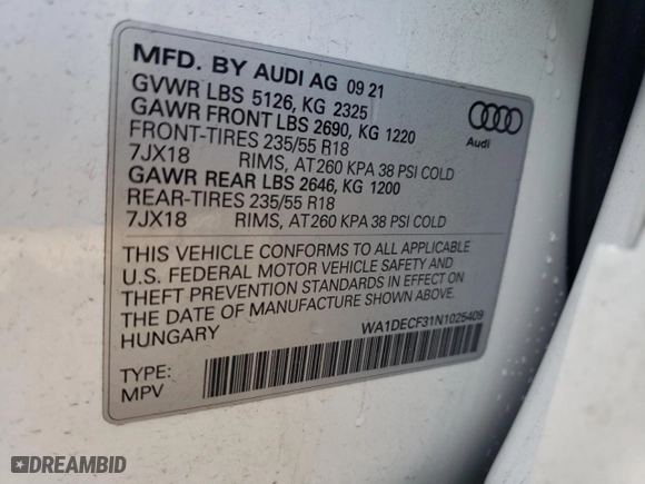 2022 Audi Q3 S line Premium with VIN WA1DECF31N1025409, listed as a Copart auction lot 68428392 with 20,132 mi miles. Bid and sale history available at carsss.com. Image 13.