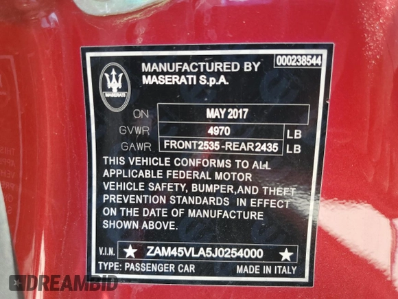 2018 Maserati GranTurismo Sport с VIN ZAM45VLA5J0254000, выставлен на аукционе Copart как лот 57055945 с пробегом 20 301 миль миль и Списание • Salvage title. История ставок и продаж доступна на DreamBid. Изображение 12.