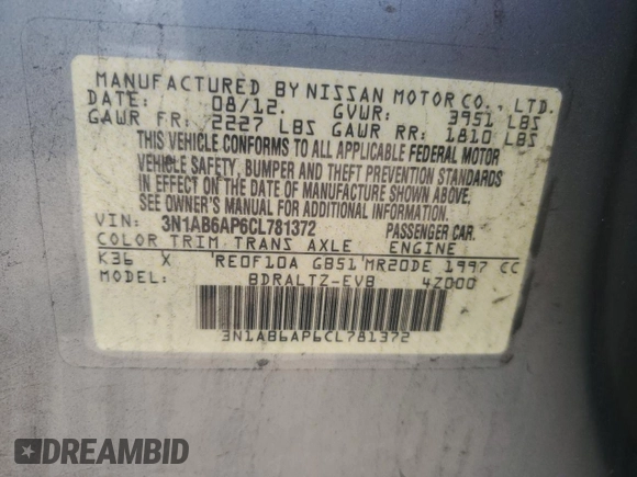 2012 Nissan Sentra SR with VIN 3N1AB6AP6CL781372, listed as a Copart auction lot 59184175 with 148,817 mi miles and Salvage title. Bid and sale history available at DreamBid. Image 12.