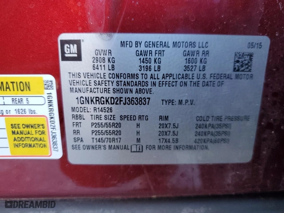 2015 Chevrolet Traverse LT with VIN 1GNKRGKD2FJ363837, listed as a Copart auction lot 42921265 with 0 mi miles and Salvage Title. Bid and sale history available at carsss.com. Image 14.