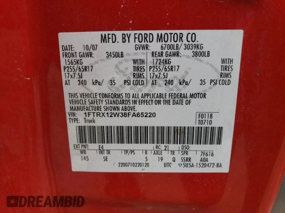 2008 Ford F-150 STX with VIN 1FTRX12W38FA65220, listed as a Copart auction lot 59760725 with 147,469 mi miles and Salvage title. Bid and sale history available at DreamBid. Image 12.