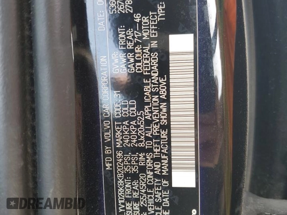2019 Volvo XC60 Momentum with VIN LYV102RK8KB202496, listed as a Copart auction lot 58832585 with 86,115 mi miles and Clean title. Bid and sale history available at DreamBid. Image 14.