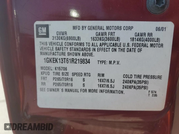 2001 GMC Yukon SLT with VIN 1GKEK13T61R219834, listed as a Copart auction lot 75450464 with 0 mi miles and Clean Title. Bid and sale history available at carsss.com. Image 13.