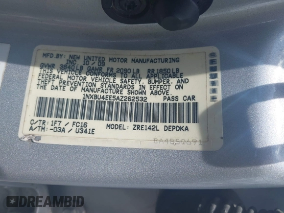 2010 Toyota Corolla with VIN 1NXBU4EE5AZ262532, listed as a IAAI auction lot 42383480 with 253,986 mi miles and . Bid and sale history available at DreamBid. Image 9.