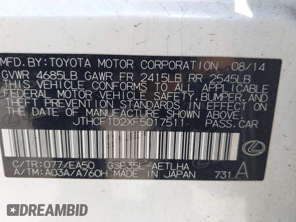 2015 Lexus IS 250 with VIN JTHCF1D2XF5017511, listed as a IAAI auction lot 42137757 with 114,274 mi miles and . Bid and sale history available at DreamBid. Image 9.