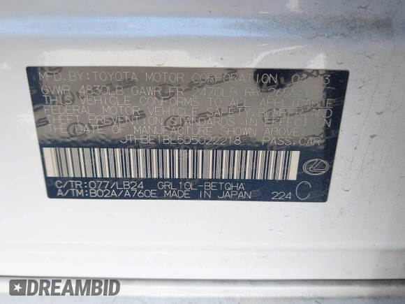 2013 Lexus GS 350 with VIN JTHBE1BL5D5022218, listed as a IAAI auction lot 42114895 with 237,344 mi miles and . Bid and sale history available at DreamBid. Image 9.