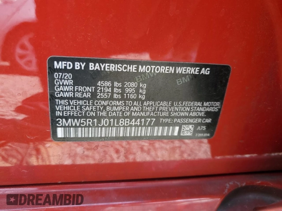 2020 BMW 3 Series 330i with VIN 3MW5R1J01L8B44177, listed as a Copart auction lot 53587184 with 54,326 mi miles and Salvage Title. Bid and sale history available at DreamBid. Image 13.