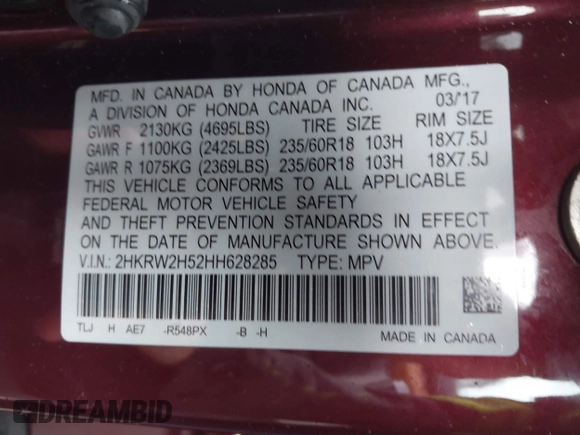 2017 Honda CR-V EX with VIN 2HKRW2H52HH628285, listed as a IAAI auction lot 42012430 with 115,822 mi miles. Bid and sale history available at carsss.com. Image 9.