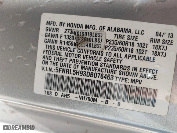 2013 Honda Odyssey Touring with VIN 5FNRL5H93DB076463, listed as a IAAI auction lot 41819994 with 188,911 mi miles. Bid and sale history available at carsss.com. Image 9.