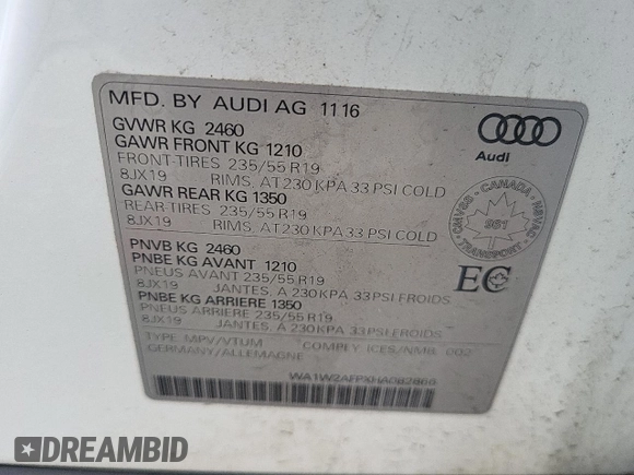 2017 Audi Q5 Technik с VIN WA1W2AFPXHA082866, выставлен на аукционе Copart как лот 57548275 с пробегом Не указан миль и Списание • Salvage title. История ставок и продаж доступна на DreamBid. Изображение 13.