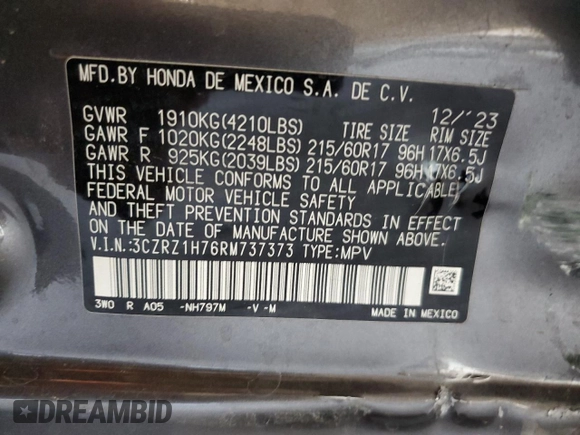 2024 Honda HR-V EX-L with VIN 3CZRZ1H76RM737373, listed as a Copart auction lot 58038925 with 14,857 mi miles and Salvage title. Bid and sale history available at DreamBid. Image 13.