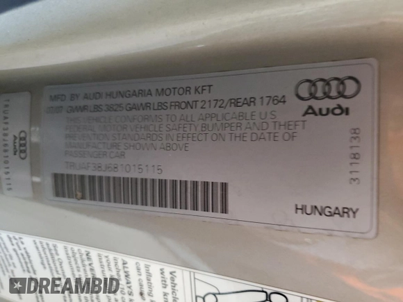 2008 Audi TT 2.0T with VIN TRUAF38J681015115, listed as a Copart auction lot 65544644 with 136,613 mi miles and Clean Title. Bid and sale history available at carsss.com. Image 12.