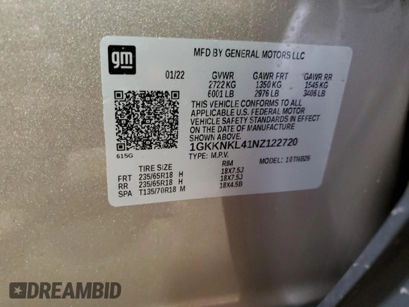 2022 GMC Acadia SLE z VIN 1GKKNKL41NZ122720, wystawiony jako Copart lot #55410885 z przebiegiem 36 753 mil mil oraz Szkoda całkowita • Salvage title. Historia ofert i sprzedaży dostępna na DreamBid. Obrazek 13.
