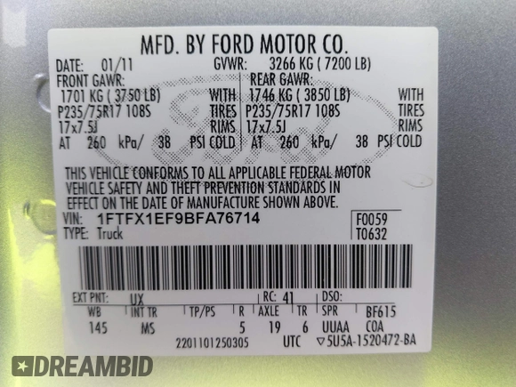 2011 Ford F-150 XL with VIN 1FTFX1EF9BFA76714, listed as a IAAI auction lot 42037304 with 239,257 mi miles and . Bid and sale history available at carsss.com. Image 9.