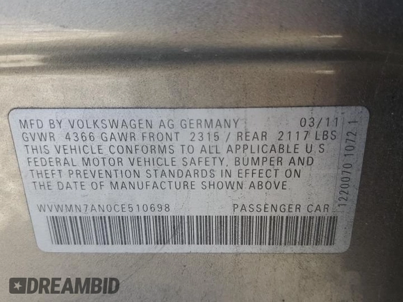 2012 Volkswagen CC Sport with VIN WVWMN7AN0CE510698, listed as a Copart auction lot 46838775 with 231,825 mi miles and Salvage Title. Bid and sale history available at carsss.com. Image 12.