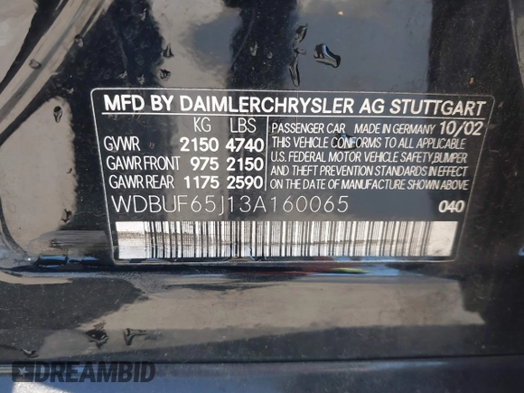 2003 Mercedes-Benz E 320 z VIN WDBUF65J13A160065, wystawiony jako IAAI lot #41720444 z przebiegiem 277 910 mil mil oraz . Historia ofert i sprzedaży dostępna na DreamBid. Obrazek 9.