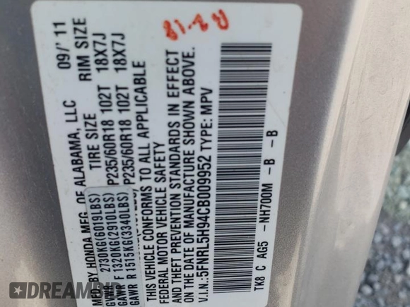 2012 Honda Odyssey Touring with VIN 5FNRL5H94CB009952, listed as a Copart auction lot 54322695 with 135,551 mi miles and Salvage title. Bid and sale history available at DreamBid. Image 13.