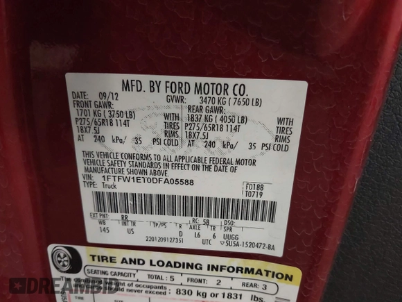 2013 Ford F-150 XL с VIN 1FTFW1ET0DFA05588, выставлен на аукционе IAAI как лот 40783461 с пробегом 227 106 миль миль и . История ставок и продаж доступна на DreamBid. Изображение 9.