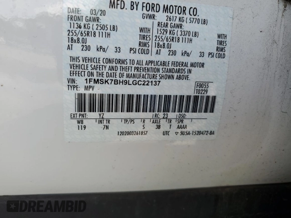2020 Ford Explorer с VIN 1FMSK7BH9LGC22137, выставлен на аукционе Copart как лот 54984715 с пробегом 45 300 миль миль и Списание • Salvage title. История ставок и продаж доступна на DreamBid. Изображение 14.