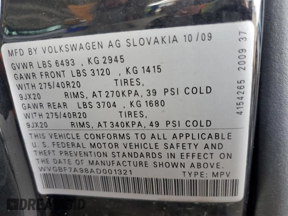 2010 Volkswagen Touareg VR6 with VIN WVGBF7A98AD001321, listed as a Copart auction lot 48949685 with 101,944 mi miles and Salvage Title. Bid and sale history available at DreamBid. Image 12.