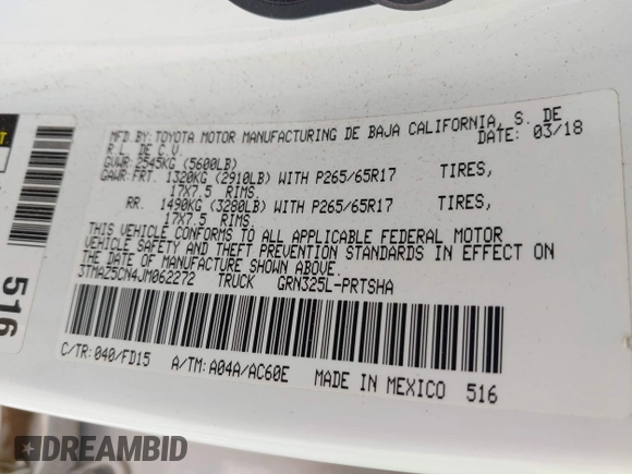 2018 Toyota Tacoma SR5 with VIN 3TMAZ5CN4JM062272, listed as a IAAI auction lot 41671472 with 114,566 mi miles and . Bid and sale history available at DreamBid. Image 9.