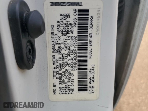 2013 Toyota Corolla L with VIN 5YFBU4EE2DP195992, listed as a Copart auction lot 54984455 with 149,300 mi miles and Clean Title. Bid and sale history available at DreamBid. Image 12.
