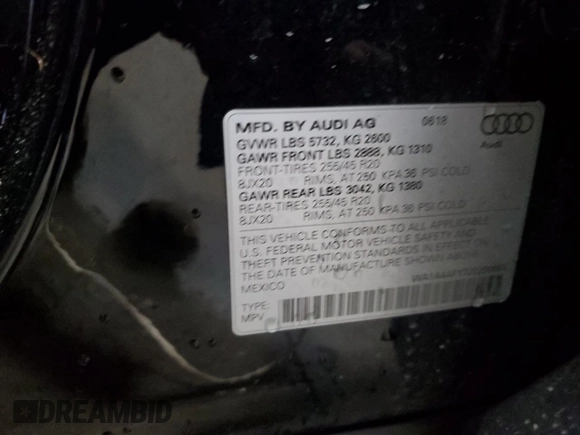 2018 Audi SQ5 Premium Plus with VIN WA1A4AFY7J2200661, listed as a Copart auction lot 67159764 with 69,524 mi miles and Salvage Title. Bid and sale history available at DreamBid. Image 14.