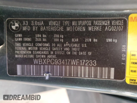 2007 BMW X3 3.0si with VIN WBXPC93417WF17233, listed as a Copart auction lot 69311244 with 213,705 mi miles and Salvage Title. Bid and sale history available at carsss.com. Image 16.