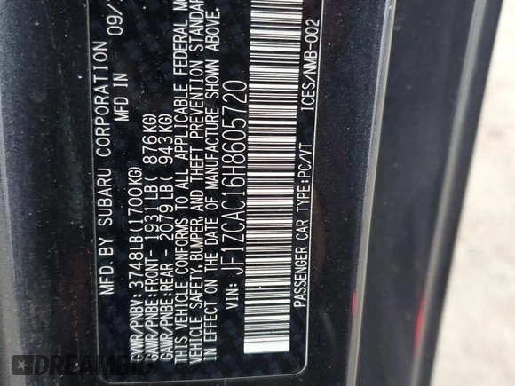 2017 Subaru BRZ Limited with VIN JF1ZCAC16H8605720, listed as a Copart auction lot 85076494 with 70,505 mi miles and Salvage title. Bid and sale history available at DreamBid. Image 15.