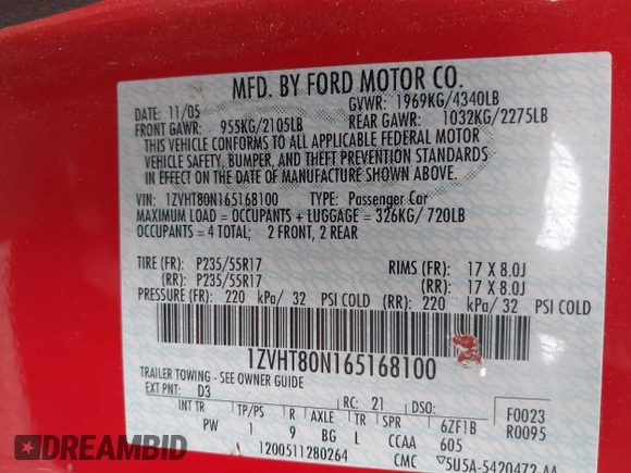 2006 Ford Mustang Standard with VIN 1ZVHT80N165168100, listed as a IAAI auction lot 42725989 with Not provided miles and . Bid and sale history available at DreamBid. Image 9.